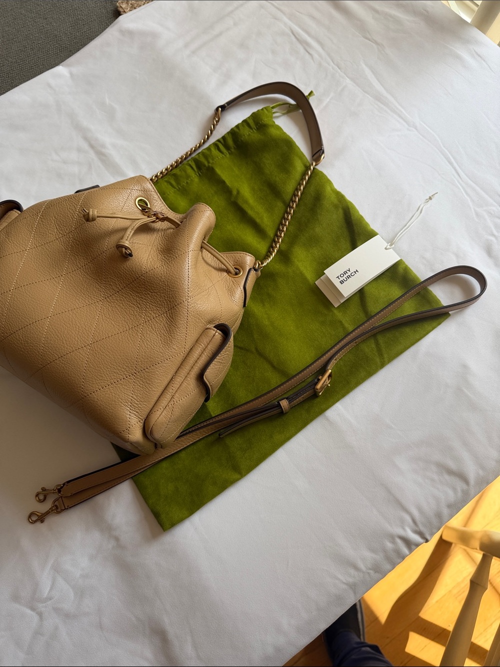Tory Burch Charlie Quilted Drawstring Shoulder Bag Rare Pecan JLN!